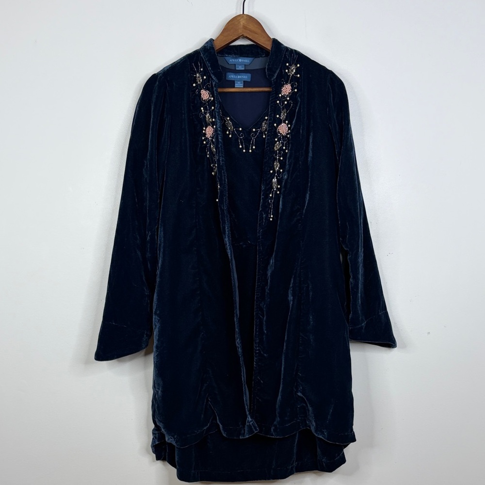 April Cornell Dress Jacket Womens XS Dark Blue Velvet Beaded Matching Coord Set
